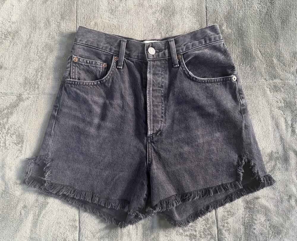Agolde Dee Short High Rise Black Denim Jean Shorts Raw Hem Sz 24 Button Fly